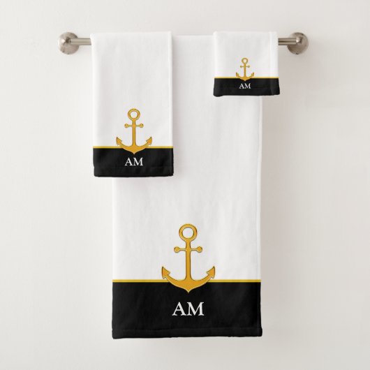Gouden anker & monogram op zwart en wit bad handdoek (Insitu)