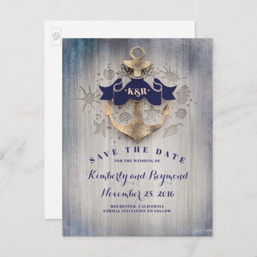 Gouden Anker Nautisch Sla de datum op Aankondigingskaart (Voorkant / Achterkant)