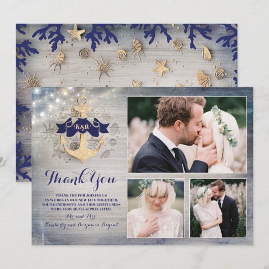 Gouden Anker Nautische Bruiloft Dank u Foto Bedankkaart (Voorkant / Achterkant)