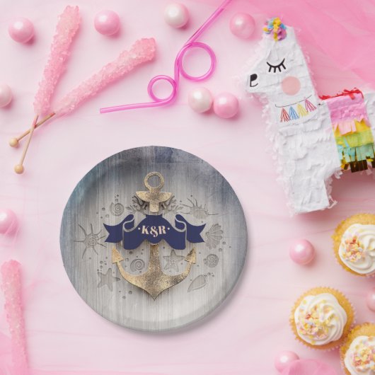 Gouden Anker Nautische Kustbruiloft Papieren Bordje (Feest)