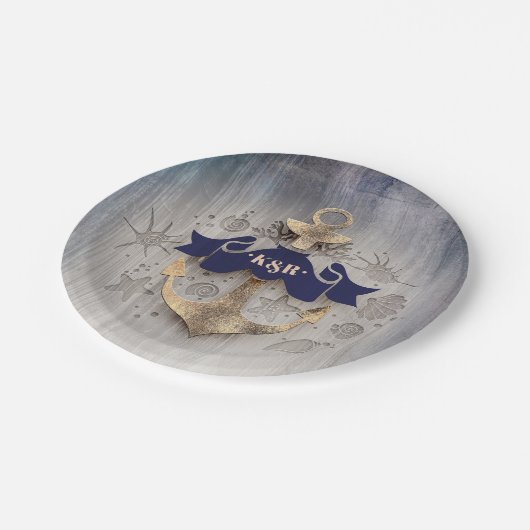 Gouden Anker Nautische Kustbruiloft Papieren Bordje (Gekanteld)