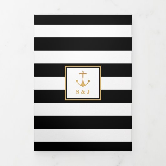 Gouden Anker Zwart & Wit Stripe Trouwsuite Drieluik Uitnodiging (Cover)