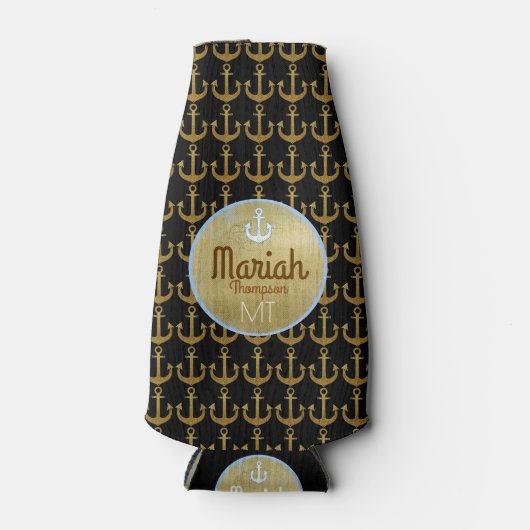 gouden ankers voor de zeescheepvaart met monogram  flesjeskoeler (Voorkant)