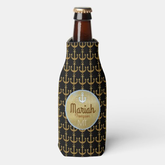 gouden ankers voor de zeescheepvaart met monogram  flesjeskoeler (Fles Voorkant)