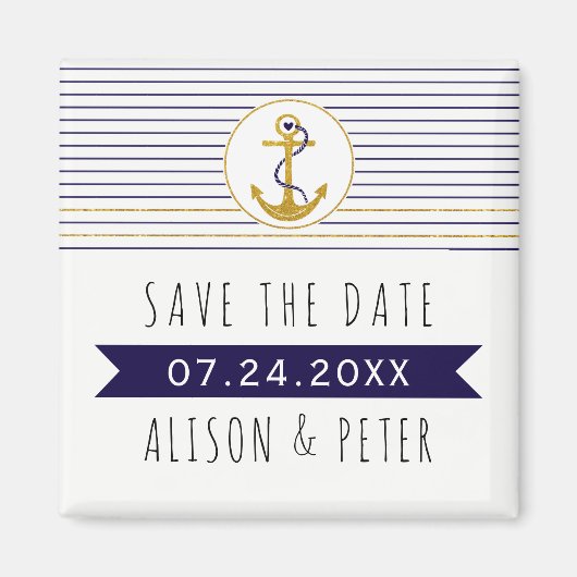 Gouden ankerstrepen nautische bruiloft Save the Da Magneet (Voorkant)