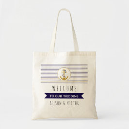 Gouden ankerstrepen nautische bruiloft welkomsttas tote bag