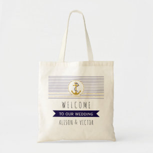 Gouden ankerstrepen nautische bruiloft welkomsttas tote bag