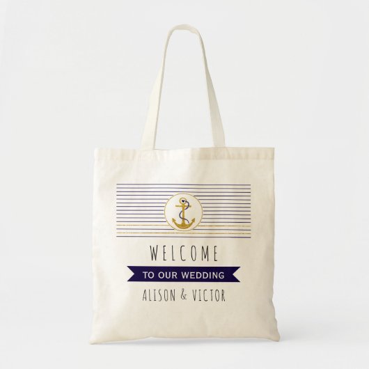 Gouden ankerstrepen nautische bruiloft welkomsttas tote bag (Voorkant)