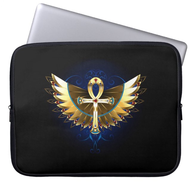Gouden Ankh met vleugels Laptop Sleeve (Voorkant)