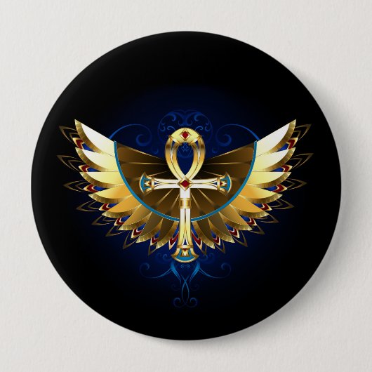 Gouden Ankh met Vleugels Ronde Button 4,0 Cm (Voorkant)