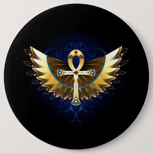 Gouden Ankh met vleugels Ronde Button 6,0 Cm (Voorkant)