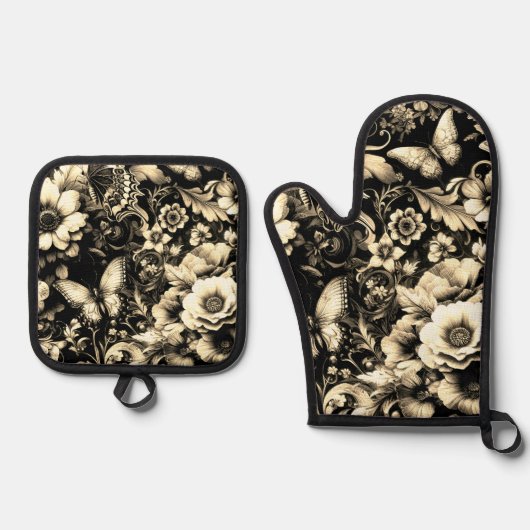 Gouden Antieke bloemen met vlinders Ovenwant & Pannenlap Set (Voorkant)