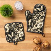 Gouden Antieke bloemen met vlinders Ovenwant & Pannenlap Set (Top down)