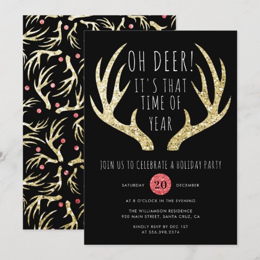 Gouden Antlers Kerstvakantie feestuitnodiging Kaart (Voorkant / Achterkant)