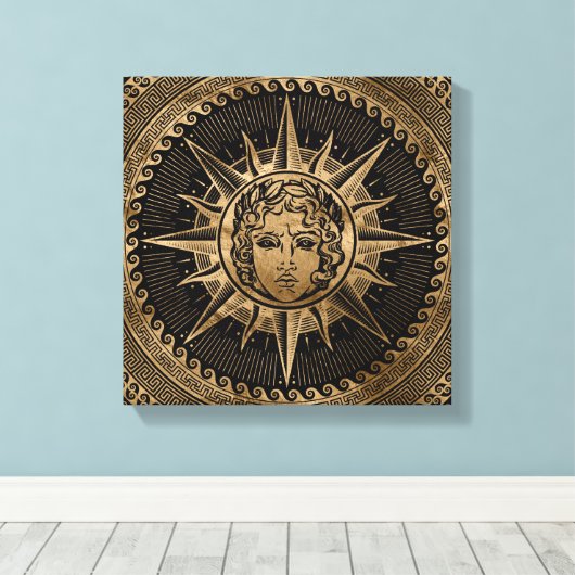 Gouden Apollo Zonnegod op Grieks Sleutel Ornament Canvas Afdruk (Insitu (Houten vloer))