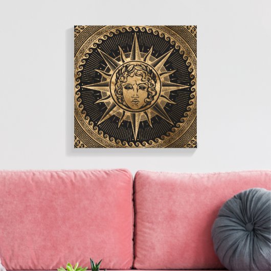 Gouden Apollo Zonnegod op Grieks Sleutel Ornament Canvas Afdruk (Insitu (Woonkamer))
