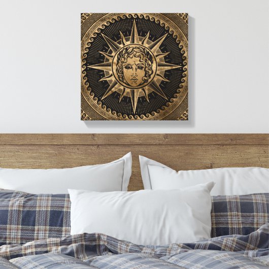 Gouden Apollo Zonnegod op Grieks Sleutel Ornament Canvas Afdruk (Insitu (Slaapkamer))