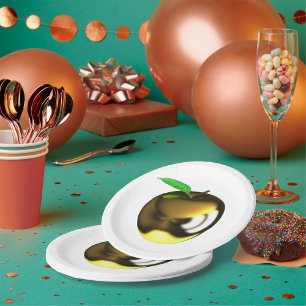 Gouden appel met blad glanzend metaal papieren bordje