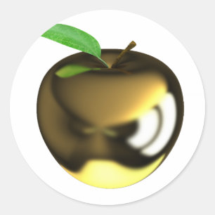 Gouden appel met blad glanzend metaal ronde sticker