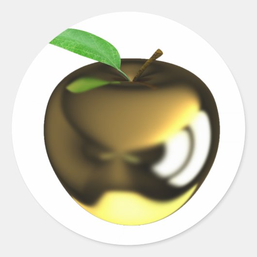 Gouden appel met blad glanzend metaal ronde sticker (Voorkant)