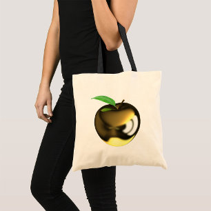 Gouden appel met blad glanzend metaal tote bag