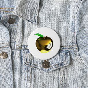 Gouden appel met Blad Glanzend Metallic Ronde Button 7,6 Cm