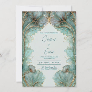 gouden & Aqua Art Nouveau huwelijksuitnodiging Kaart