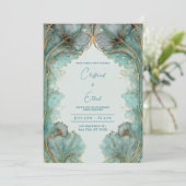  gouden & Aqua Art Nouveau huwelijksuitnodiging Kaart (Staand voorkant)