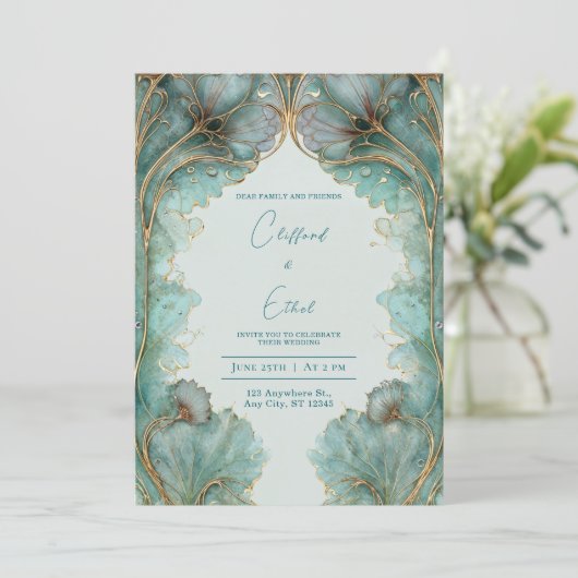 gouden & Aqua Art Nouveau huwelijksuitnodiging Kaart (Staand voorkant)