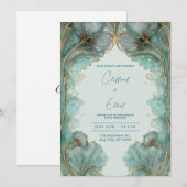  gouden & Aqua Art Nouveau huwelijksuitnodiging Kaart (Voorkant / Achterkant)