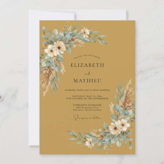 Gouden Aqua Pampas Eucalyptus Bruiloft Kaart (Voorkant)