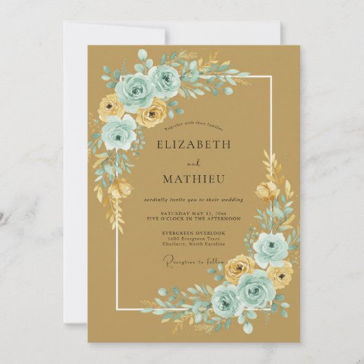 Gouden Aqua Ranunculus Eucalyptus Bruiloft Kaart (Voorkant)