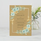 Gouden Aqua Ranunculus Eucalyptus Bruiloft Kaart (Staand voorkant)
