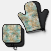 Gouden aqua tropische bladeren ovenwant & pannenlap set (Voorkant / Achterkant)