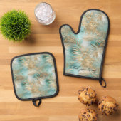 Gouden aqua tropische bladeren ovenwant & pannenlap set (Top down)