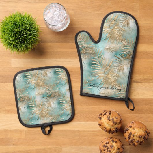 Gouden aqua tropische bladeren ovenwant & pannenlap set (Top down)