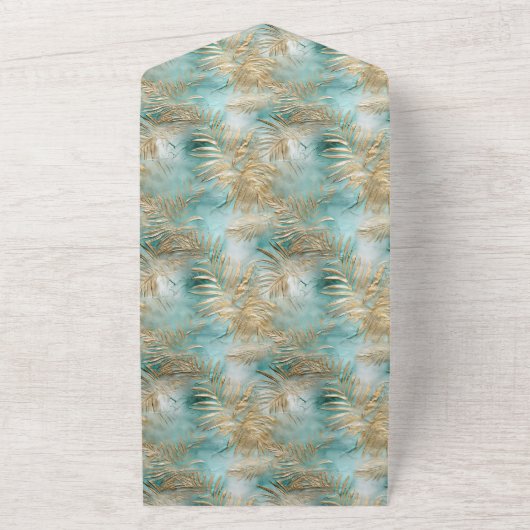 Gouden Aqua Witte Tropische bladeren All In One Uitnodiging (Buitenkant)