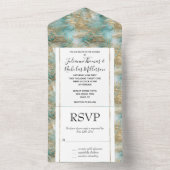 Gouden Aqua Witte Tropische bladeren All In One Uitnodiging (Binnen)