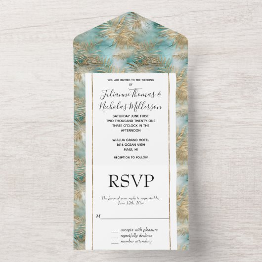 Gouden Aqua Witte Tropische bladeren All In One Uitnodiging (Binnen)