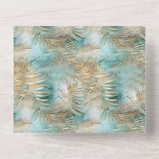 Gouden Aqua Witte Tropische bladeren All In One Uitnodiging (Achterkant)