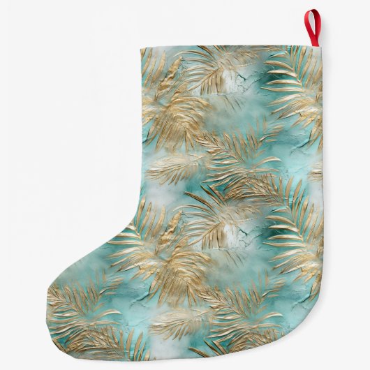 Gouden Aqua Witte Tropische bladeren Grote Kerstsok (Achterkant)