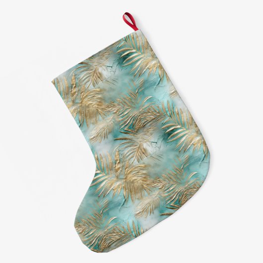 Gouden Aqua Witte Tropische bladeren Grote Kerstsok (Achterkant (Hangend))