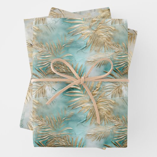 Gouden Aqua Witte Tropische bladeren Inpakpapier Vel (In situ)