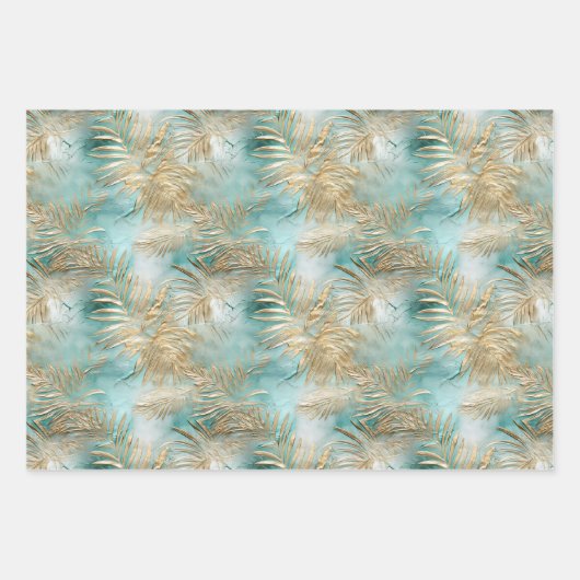 Gouden Aqua Witte Tropische bladeren Inpakpapier Vel (Voorkant)