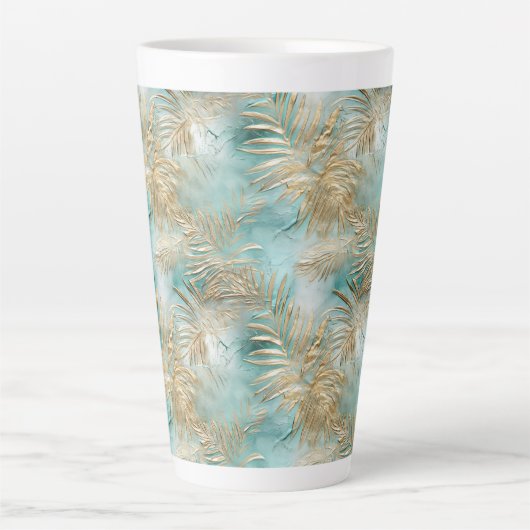Gouden Aqua Witte Tropische bladeren Latte Mok (Voorkant)