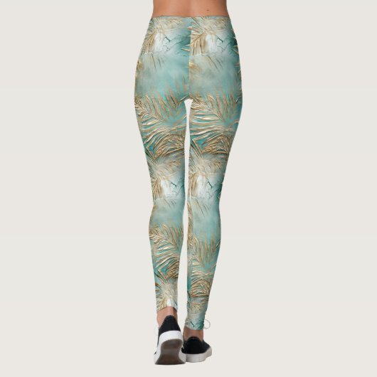 Gouden Aqua Witte Tropische bladeren Leggings (Achterkant)