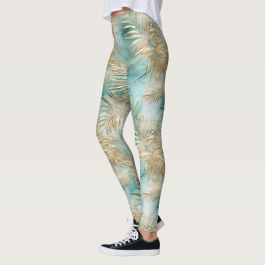 Gouden Aqua Witte Tropische bladeren Leggings (Links)