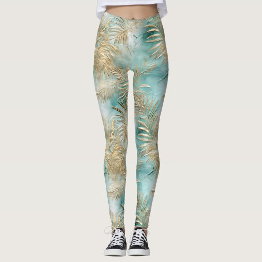 Gouden Aqua Witte Tropische bladeren Leggings