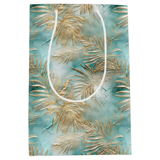 Gouden Aqua Witte Tropische bladeren Medium Cadeauzakje (Voorkant)
