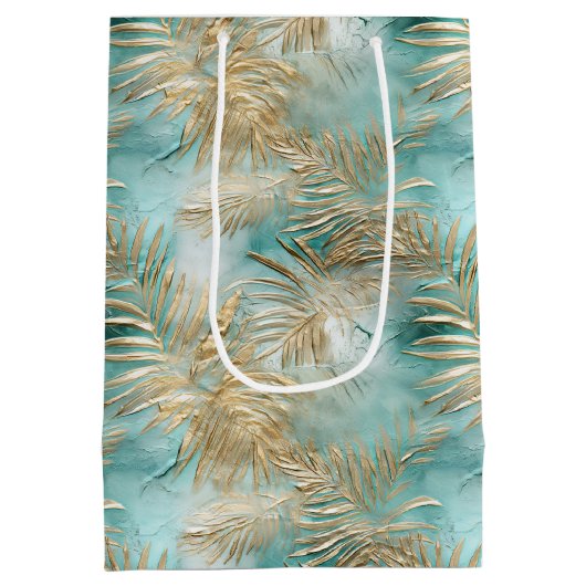 Gouden Aqua Witte Tropische bladeren Medium Cadeauzakje (Achterkant)